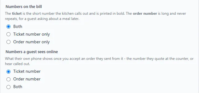 The two numbering choices on the Bill and tax page: numbers on the bill, and numbers a guest sees online.