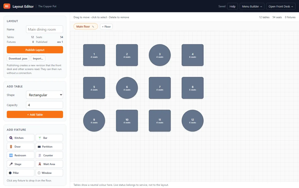 The Layout Editor: twelve tables on a grid, with the tools to add tables and fixtures down the left.