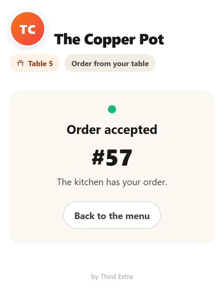 The customer's phone saying Order accepted, with ticket number 57.