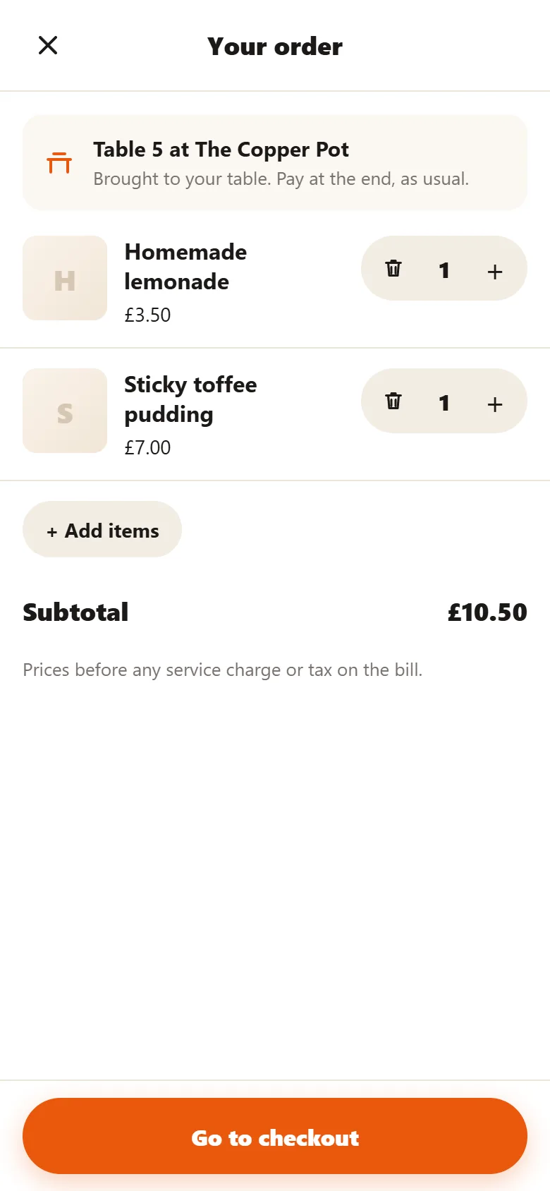 The basket on a phone: a lemonade and a sticky toffee pudding for table 5, with Go to checkout.