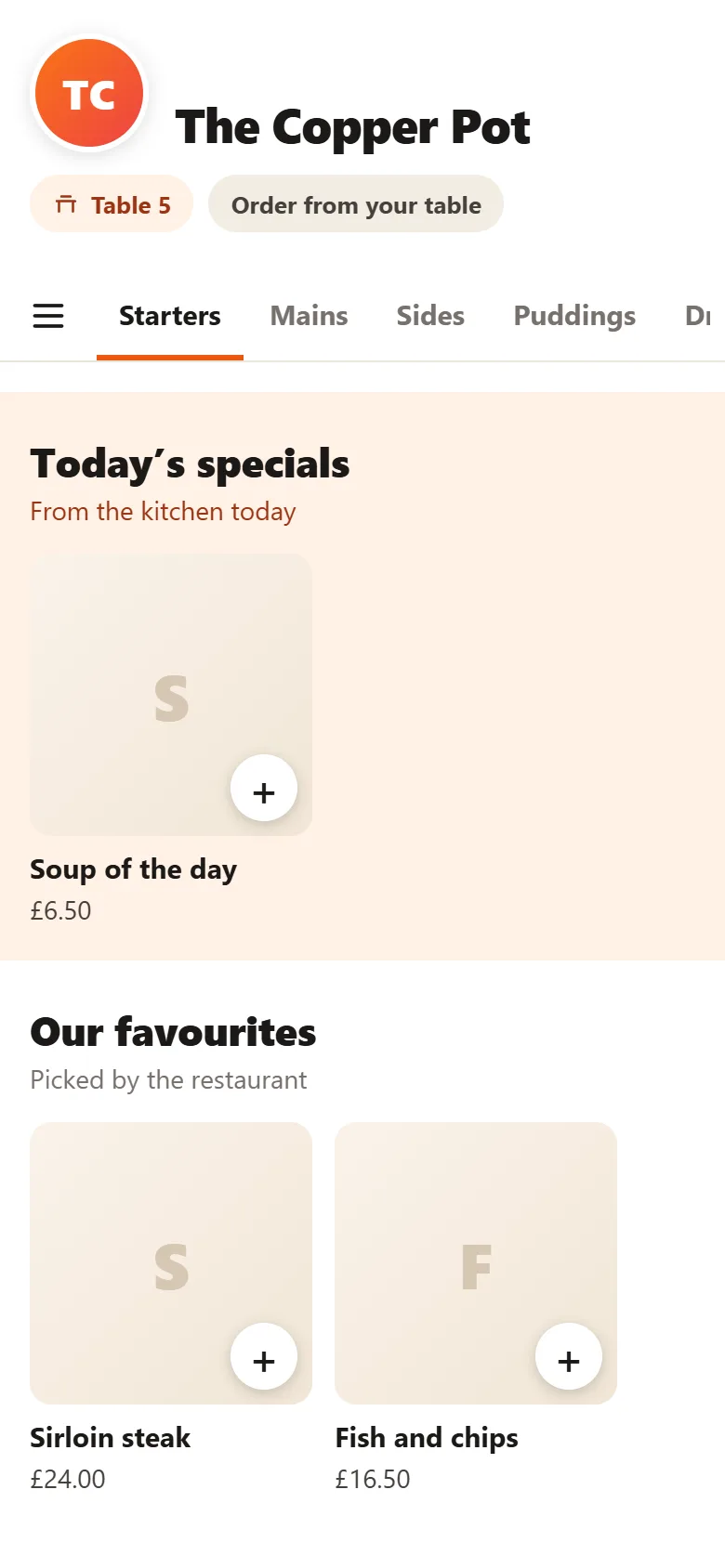 The online menu on a phone at table 5, with today's specials and the restaurant's favourites at the top.