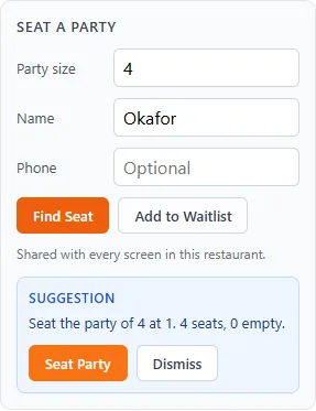 Seat a Party with a party of four named Okafor, and the suggestion to seat them at table 1.