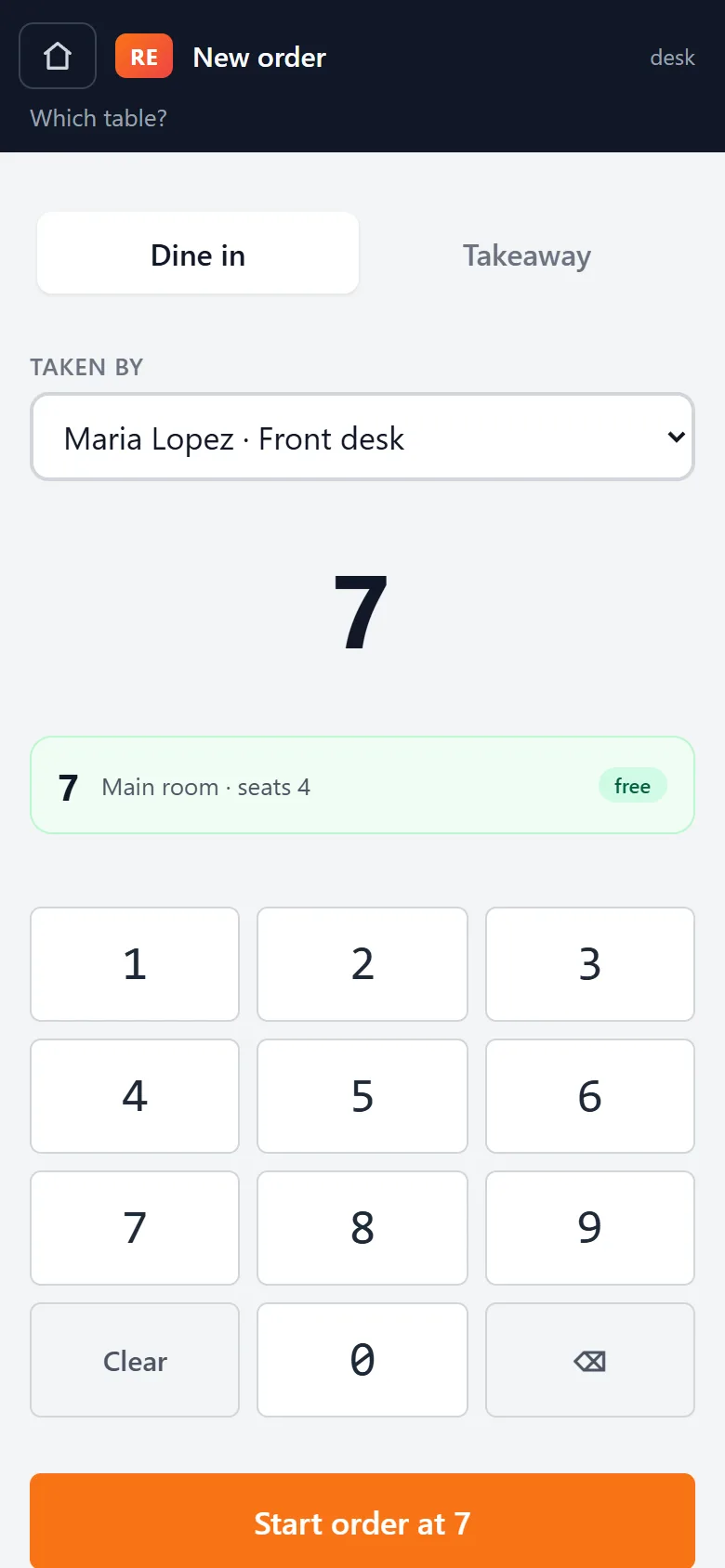 New order on a phone: table 7 keyed in on a number pad, with Start order at 7 below.