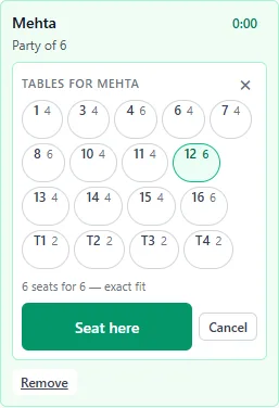 Choosing tables for a party of six on the waitlist: every free table with its seats, table 12 picked, and a Seat here button.